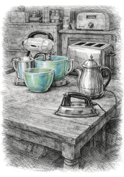 Charcoal sketch of a table displaying small household appliances