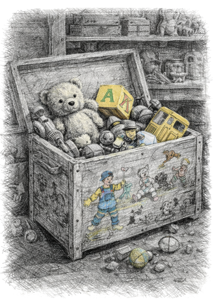 Charcoal sketch of a vintage 1950s toy box filled with toys